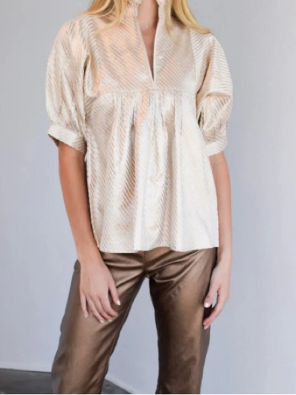 High Neck Metallic Gold & Ivory Stripe Top by Never A Wallflower: Small